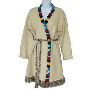 Faherty Cardigan Sweater M/L Beige Native Designed Crow Stripes Fringe Tie